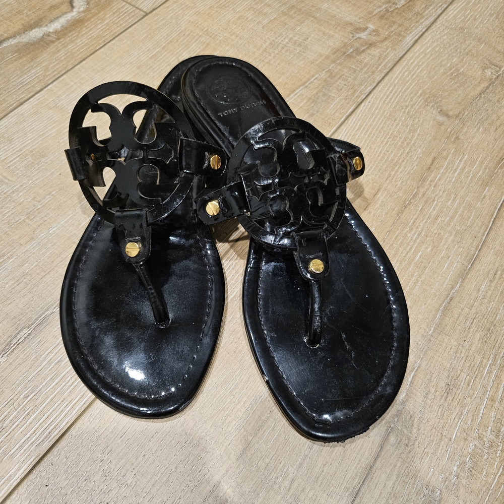 Tory Burch Glossy Black Sandals with Gold Details